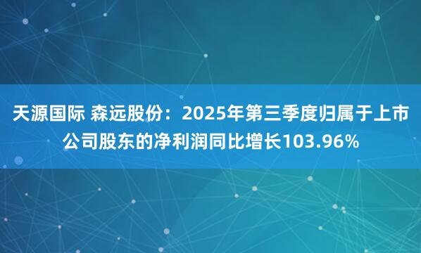 天源国际 森远股份：2025年第三季度归属于上市公司股东的净利润同比增长103.96%